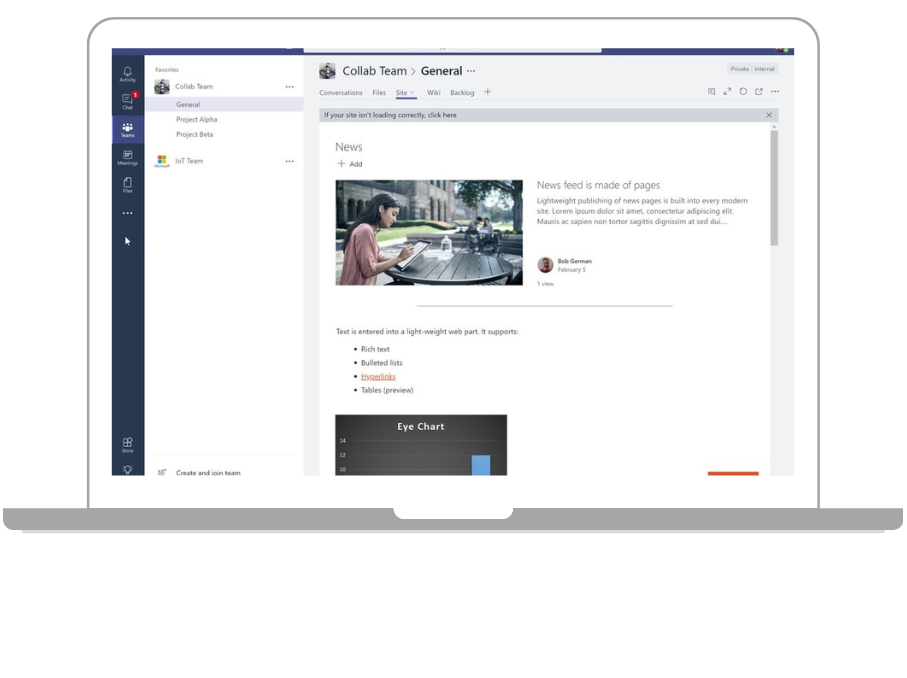 Easily embed a SharePoint site in teams to collaborate on a project.