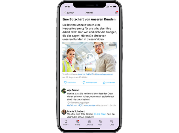 Staffbase ist eine Multi-Kanallösung für Interne Kommunikation - hier zu sehen die App