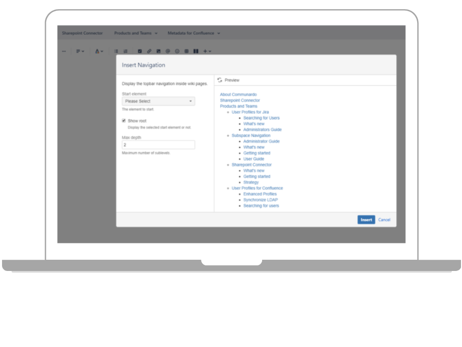 Use the navigation macro to create overviews of the menu within a Confluence page or a blog post.