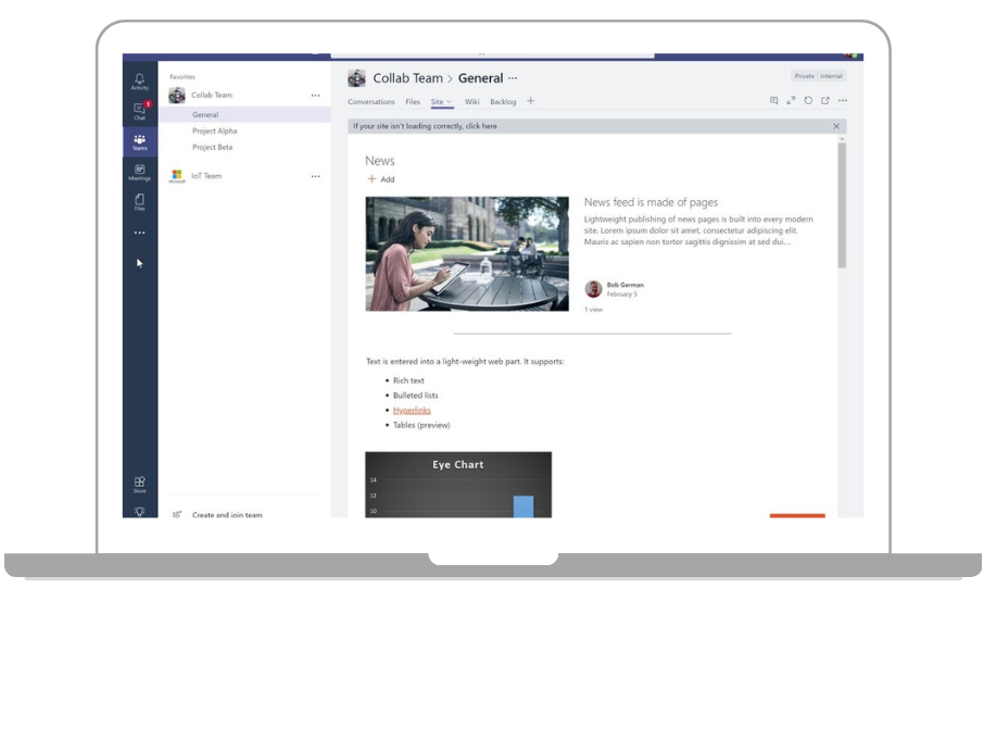 Easily embed a SharePoint site in teams to collaborate on a project.