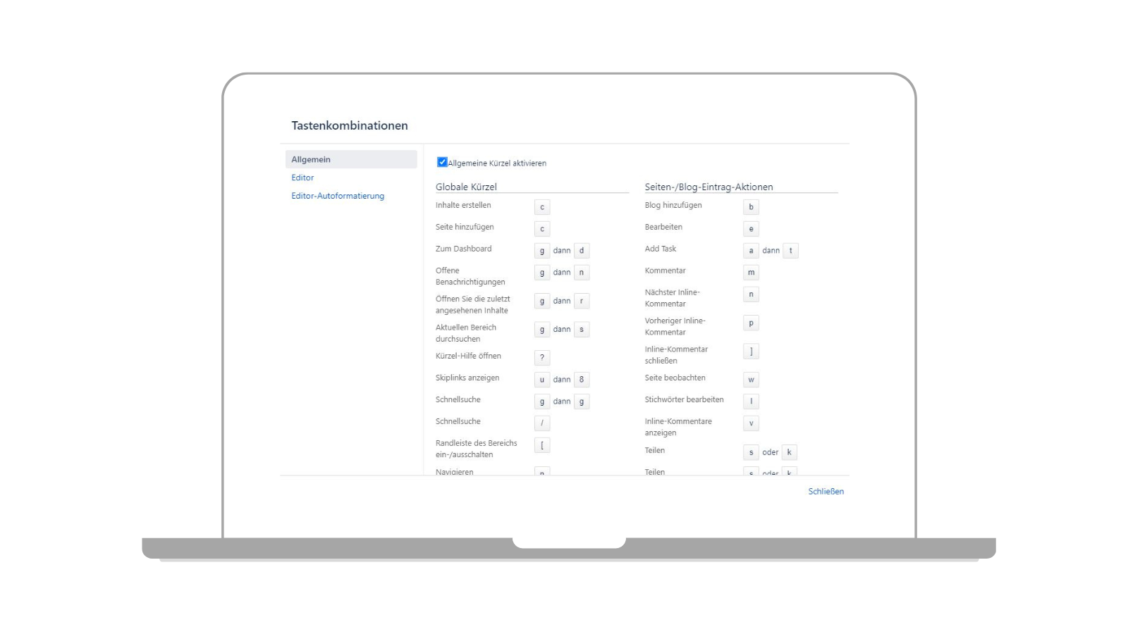 Aperçu de tous les raccourcis clavier dans Confluence