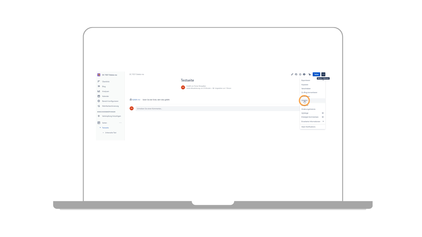 Option de menu permettant de supprimer une page
