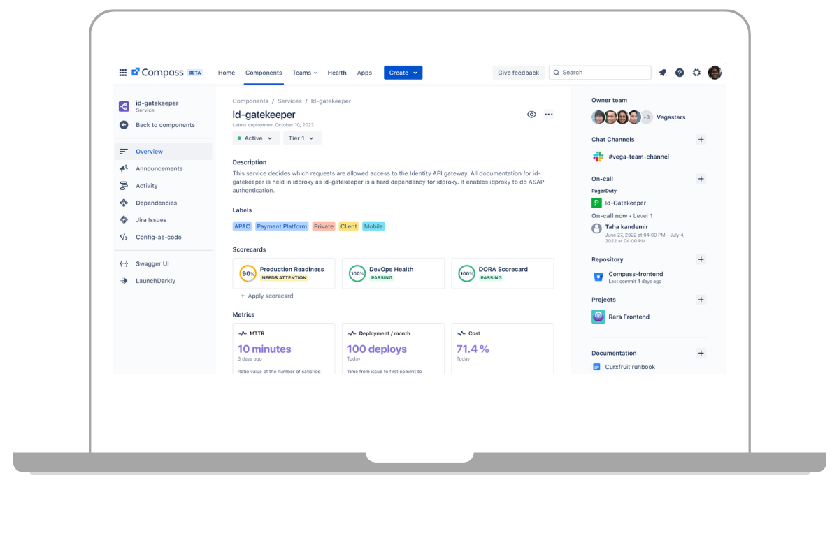 Le catalogue d'Atlassian Compass vous aide à avoir une vue d'ensemble de tous les composants utilisés.