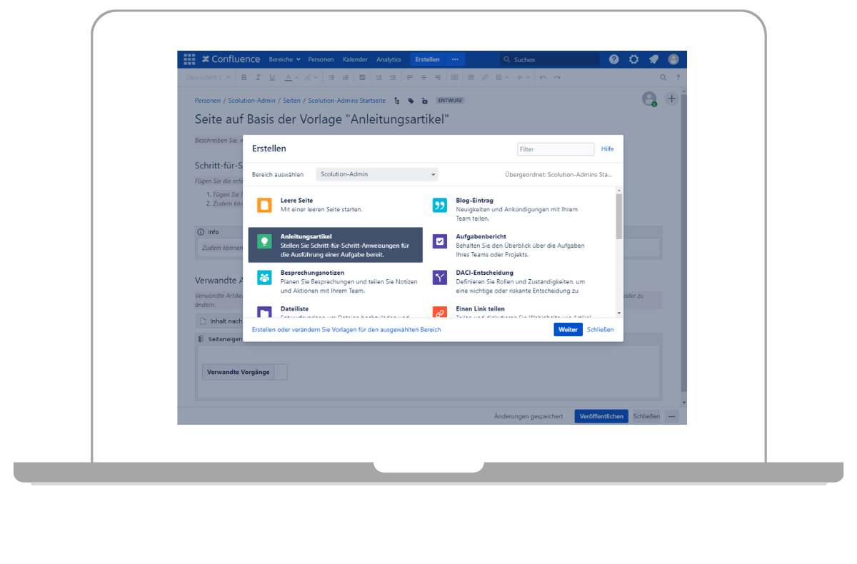 Use the Confluence page templates for quick and standardised formatting of new pages
