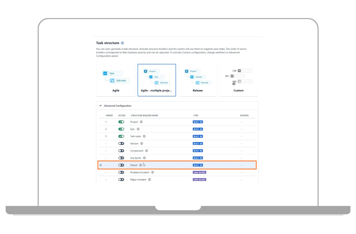 Liste des éléments parents dans Structure Builder